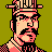 Pixelated 48x48 static icon of a man with dark hair and mustache wearing a pinkish-red checkered shirt, black headband, and striped hat against olive green background.