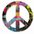 Colorful peace sign icon with multicolored pixelated pattern on white background, no visible text or animation changes.