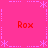 A static pixel art image with a bright pink background, featuring four red "Rox" text elements and light purple decorative patterns arranged symmetrically.