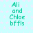 Light cyan background with repeating pink star patterns, three of identical text reading "Ali and Chloe bffls" in teal pixelated font, and a solid gray rectangle in the bottom-right corner