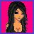 Pixelated character with long black hair, blue eyes, and a smiling expression on pink background.