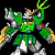Pixelated green and silver robot with golden accents, raised arms, and glowing yellow shoulder blades against black background.