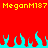 Red background with yellow text "MeganM187" repeated at top and cyan flames along the bottom edge.