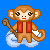 Pixel art monkey mascot holding a staff on a cloud with "CUTE" text fragments against blue background
