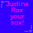 Blue background with pink text reading 'Justine Rox your sox!' repeated in a pattern, surrounded by white and light blue star-shaped pixel decorations