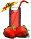 A red drink in a tall glass with a yellow and red striped straw and umbrella, accompanied by three strawberries on a white background.