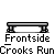 Pixelated character in green shirt and blue pants performs a series of actions on gray bench with text "Frontside Crooks Run" below.