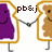 Three cartoon figures in toast-shaped frames holding hands, with text and symbols between them.