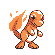 Pixelated orange dinosaur-like creature in multiple poses with flame effects, transitioning from small bipedal form to large winged dragon form