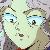 Pixelated static image of a stylized face with light skin tone, blue eyes, and dark hair, wearing a dark garment with red accents.
