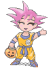 Pixelated character with pink spiky hair wears yellow martial arts uniform holding orange pumpkin basket, two poses show different arm positions.