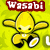 Yellow cartoon character with rounded head, black eyes, and crescent tail on yellow background with red text above.