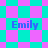 Pixelated cyan and magenta checkered background with four instances of the name 'Emily' in blue text.