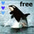 Animated icon of a black and white animal leaping from water with blue and purple hearts on left side, text 'free' above.