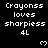 Black background displays white pixelated text 'Crayonss loves sharpieess 4L' with small heart symbols in a