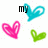 Pixelated heart-shaped icons in cyan, pink, and green with text labels 'my', 'budday', and 'гонн!' on a white background with scattered colored dots.