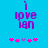 Pixelated purple text 'i love ian' on bright blue background with pink and purple star-like symbols below.