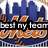 Pixelated cityscape with blue skyscrapers and orange water, overlaid by black banner with white text reading 'beat my team' above stylized orange wave-like shapes.