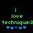 Green pixelated text 'i love technique:]' with blue heart symbols on black background, two identical frames showing slight heart position differences.