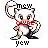 Pixelated cartoon cat with white fur, black outline, red scarf, and text above/below head.
