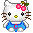 Pixelated white cat with black eyes, yellow nose, brown whiskers, pink bow with green leaves on head, blue dress with red accents.