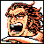 Pixelated static image of a shouting character with fiery hair and intense expression against gray background.