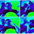 Animated sequence of a stylized figure with blue-purple hair against green background, showing motion