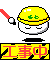 Pixelated character wearing yellow hard hat with green symbol, holding red tool in various positions above black ground line.