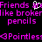 Pixelated text in bright pink on black background with a white cursor icon, displaying repeated phrases about friends and pencils.