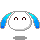 Pixelated white circular head with brown curved eyes and blue-tinted ears in four variations showing ear positions and one smiling expression.