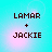 Pixelated text 'LAMAR + JACKIE' on cyan background with pink glow, animated with subtle light shifts.