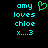 Pixelated cyan text reads 'amy loves chloe x...3' with a green heart symbol above 'amy' on a black background.