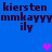 Blue background with dark purple text repeating 'kiersten mmkayyy' and 'ily', three pixelated hearts in pink and purple.
