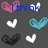 Pixelated heart-shaped icons in pink, white, cyan, and black arranged on a dark gray background with blue text reading "I think I love you" above.