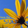 Yellow flower with dark center against blue sky, text 'face the sun' in yellow and blue lettering.