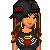 Pixel art character with brown hair, green eyes, black crop top featuring red heart and white wings, black pants with white waistband, black cap with red logo; text below reads "To change how I used to be A reason to start over new and the reason is you".