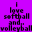Pixelated text on purple background with pink rectangular overlays, displaying 'i love softball and.. volleyball' in black block letters.