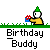 Animated contact sheet of a pixel art birthday buddy character performing sequential actions across 11 frames, including holding flowers, running, and celebrating at a table with cake and balloons.