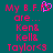 Pixelated text on teal background with pink and purple elements, showing 'My B.F.'s are... Ken& Kell& Taylor<3' in two side-by-side versions where the right version lacks a heart symbol.