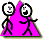 Two stick figures with circular heads stand against a bright pink triangular background, showing different facial expressions and arm positions across four