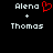 Two side-by-side pixelated text displays on black background, each showing 'Alena' above '+' and 'Thomas', with left display featuring red heart symbol replacing the plus sign.