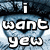 six blue eyes with heart-shaped pupils, each overlaid with stylized text reading 'i want yew', 'i love yew', or 'i miss yew' in white pixelated font