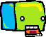 Pixel art of a green character with yellow hair holding a blue rectangular object and an orange-and-red device, set against gray background.