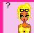 Pixel art of a blonde woman with green eyes and yellow glasses, wearing a yellow top against pink background with question marks.