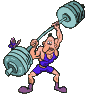 A muscular cartoon weightlifter in a purple singlet lifts a teal barbell with large circular weights against a light gray background.