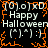 Animated Halloween-themed icon with repeating text and symbols on a black background bordered by orange pixelated lines.
