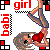Pixel art buddy icon featuring a gymnast in mid-air pose with red text "girl" and "baby" on white background, surrounded by black-and-red checkered border elements.