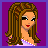 Pixel art of a woman with long brown hair, red lips, and a white one-shoulder top against purple background.