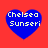 Four blue heart-shaped icons with white text "Chelsea Sunseri" on a red background, each with distinct pixelation and alignment variations.