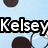Pixelated icon with light blue background, dark brown circular shapes, white heart patterns, and bold black-outlined text reading "Kelsey rocks".